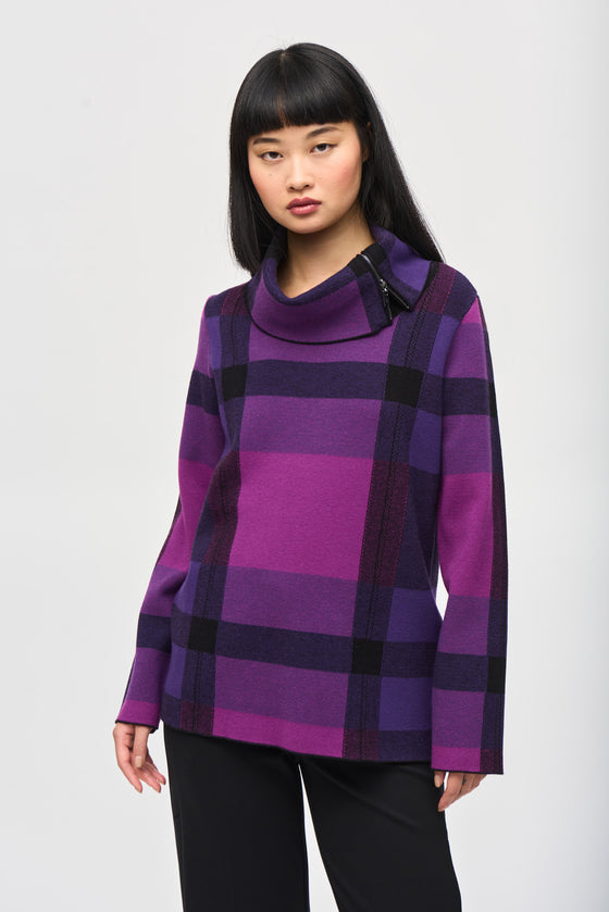 Joseph Ribkoff Plaid Jacquard Cowl Neck Sweater